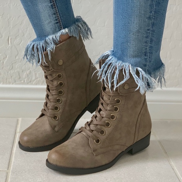 Taupe Fold Over Cuffed Lace Up Combat Boots - Picture 8 of 8